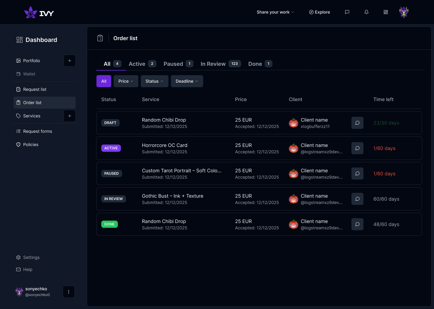 Dashboard bookings and requests